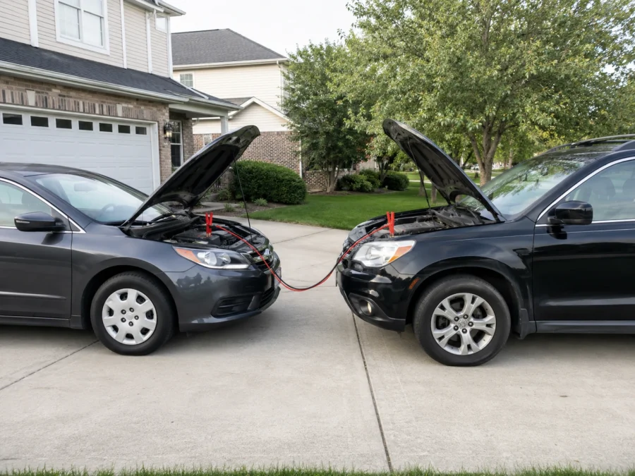 Two vehicles positioned close enough for jumper cables to reach without touching.