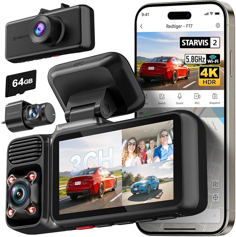 REDTIGER F17 4K 3 Channel Dash Cam with STARVIS 2, HDR, GPS, 64GB Card