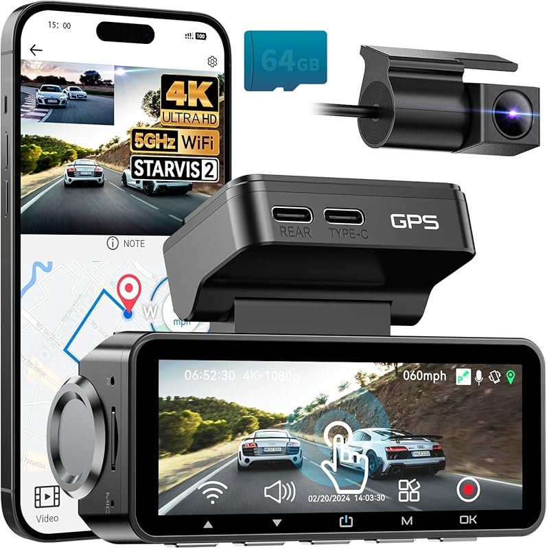 FOCUWAY 4K Front and Rear Dash Cam with Touchscreen, Voice Control, GP
