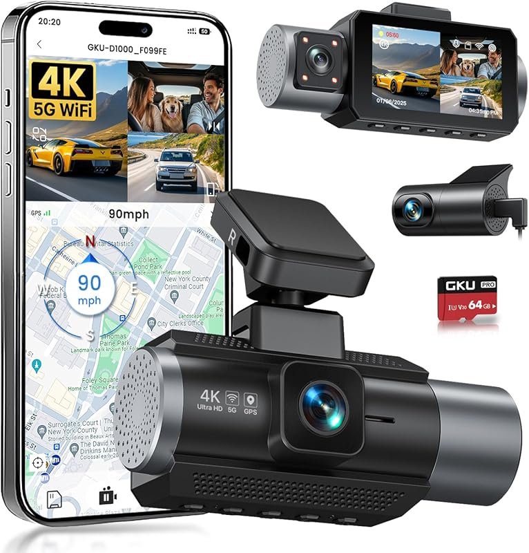 GKU 4K 3 Channel Dash Cam with GPS, 5.8GHz WiFi, IPS Screen, 64GB Card