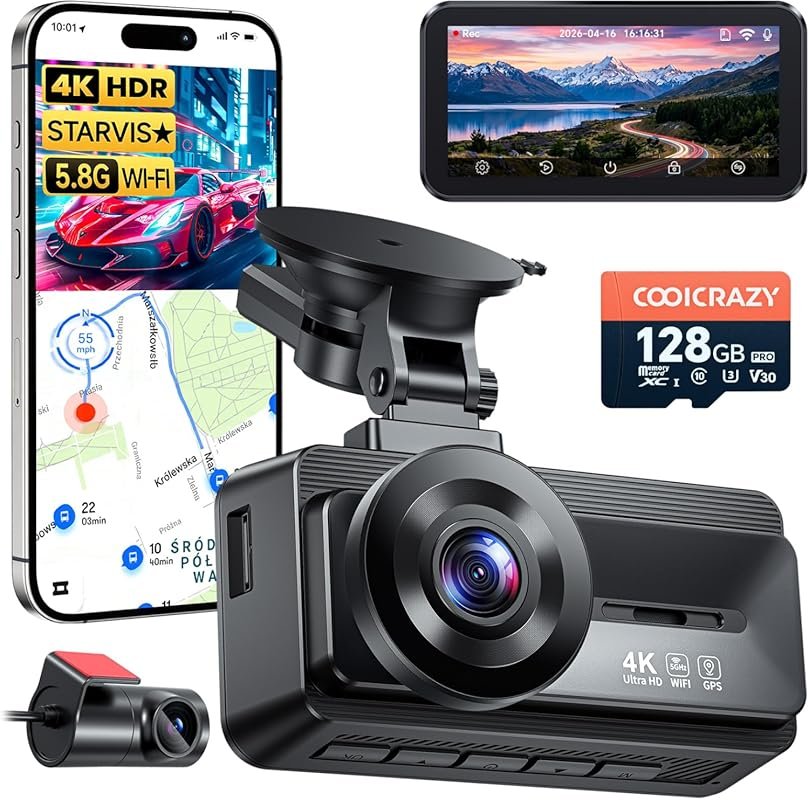 Coolcrazy 4K Front and Rear Dash Cam with STARVIS, GPS, Night Vision