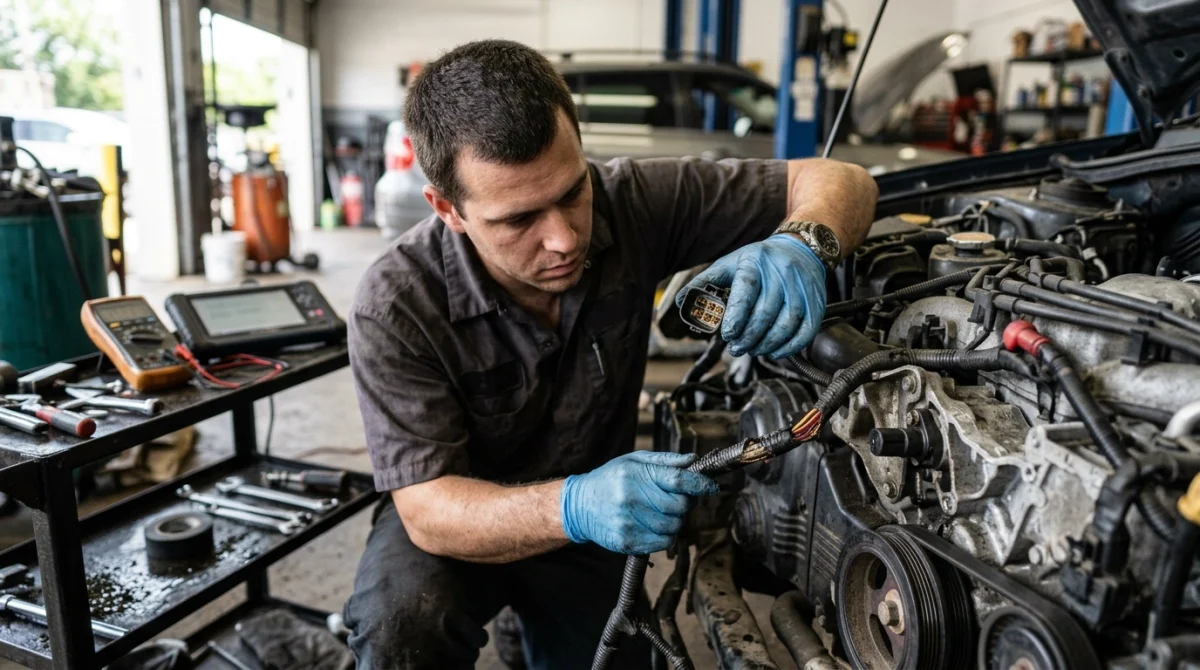 Technician inspecting crankshaft sensor wiring and corroded connector while diagnosing common P0335 causes