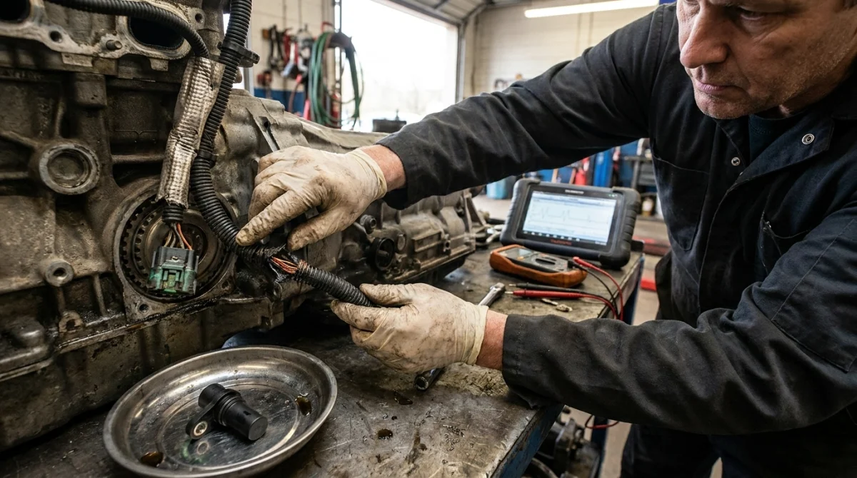 Technician checking P0335 causes including crankshaft sensor wiring, connector and trigger components.