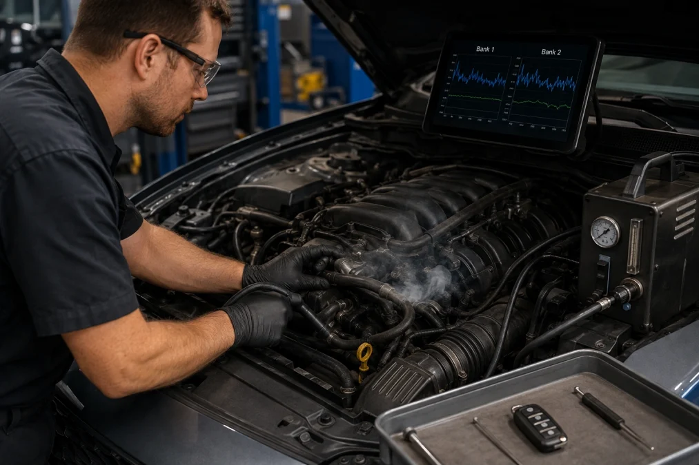  Technician smoke testing an intake leak to fix P0174
