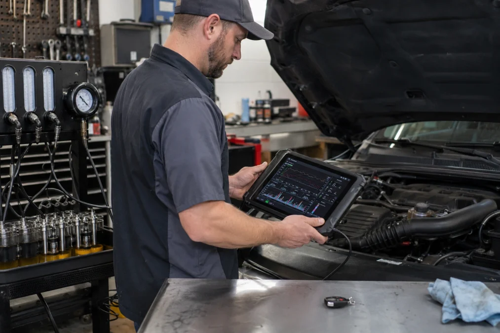 Professional technician diagnosing P0172 causes with an automotive scan tool