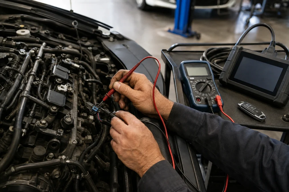 Technician testing injector wiring to confirm P0201 repair cost