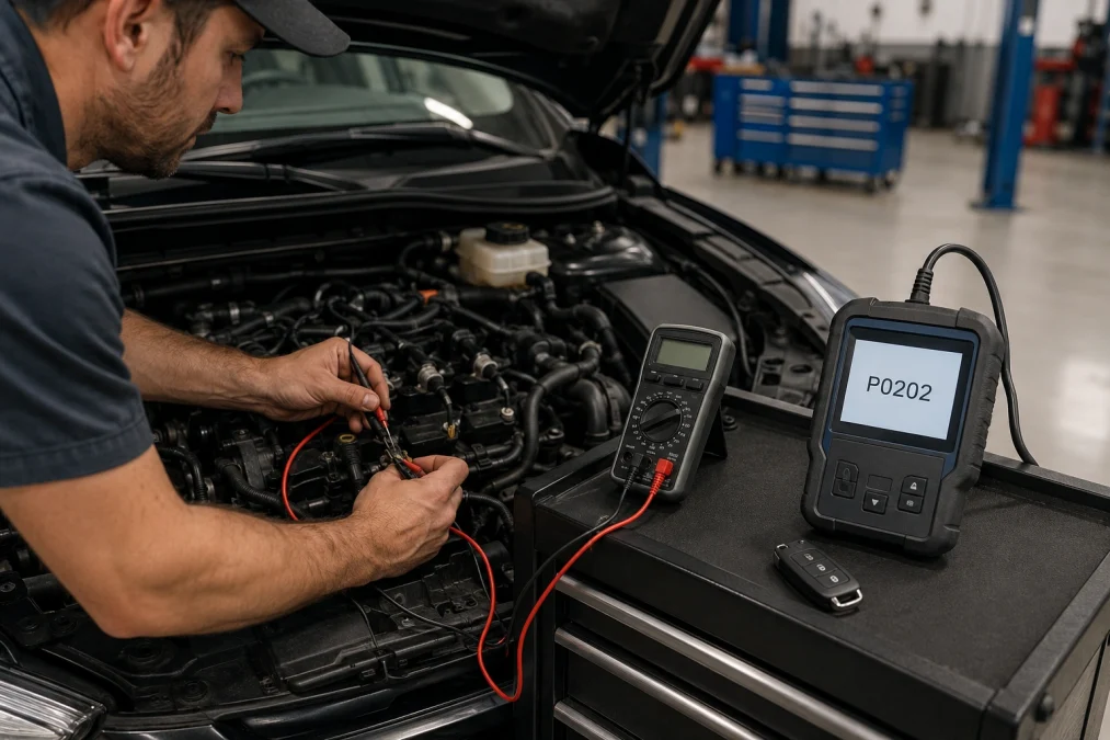 Technician diagnosing P0202 cylinder 2 injector circuit with a multimeter