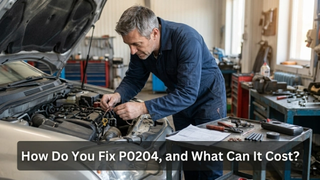 Technician repairing an injector connector beside tools and parts used to resolve diagnostic code P0204.