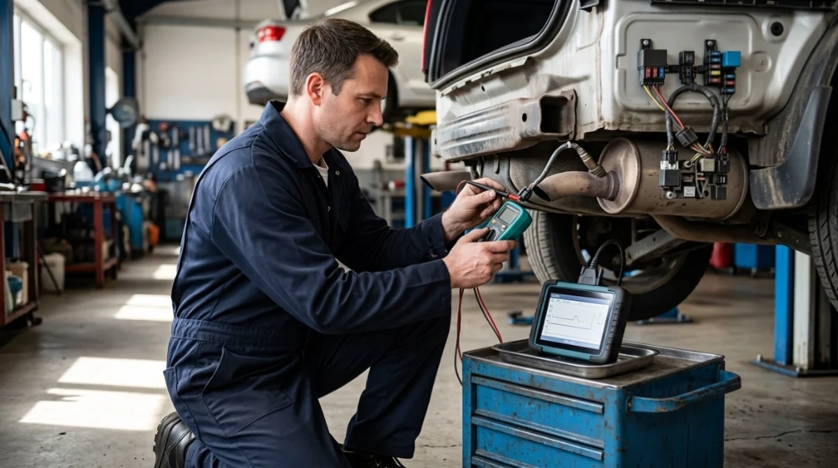Technician confirming P0161 and testing the O2 heater connector with a digital multimeter