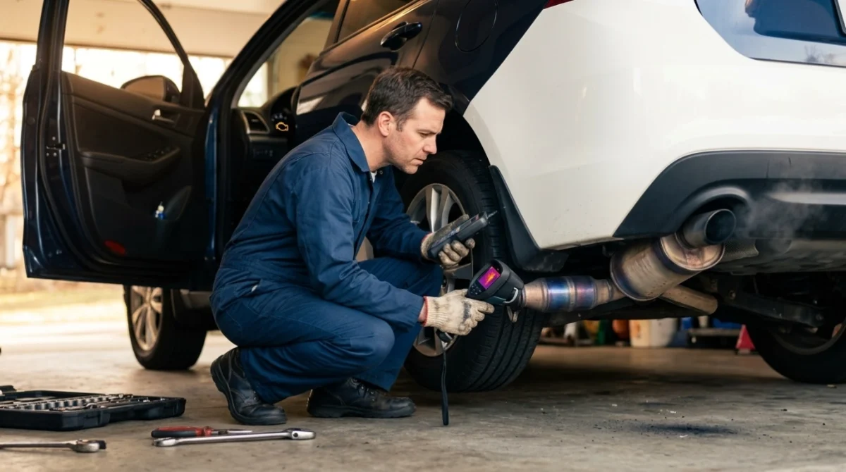 Urgent P0138 inspection showing check-engine warning, exhaust system, catalytic converter, and diagnostic tools.
