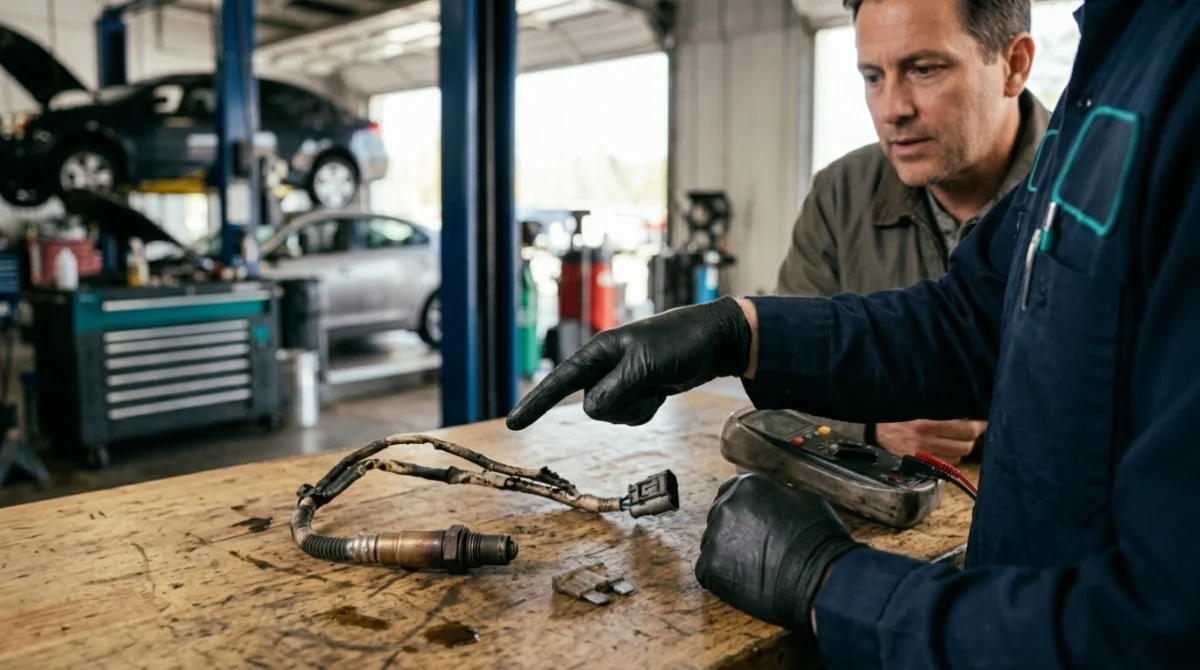 Mechanic comparing old O2 sensor, damaged wiring, and blown fuse during P0161 diagnosis