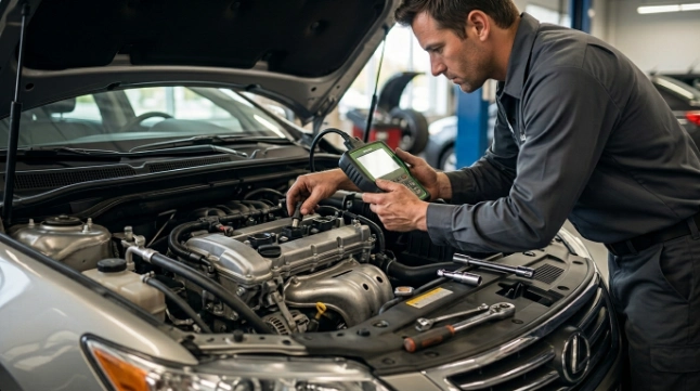Mechanic diagnosing cylinder 2 misfire with engine scanner