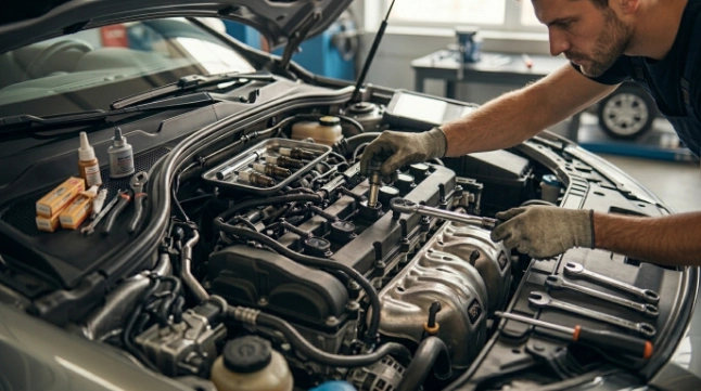 Mechanic repairing engine after P0301 diagnosis