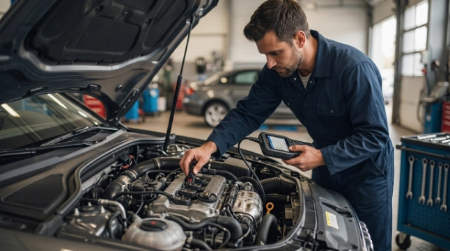 Mechanic diagnosing a P0303 cylinder misfire under vehicle hood