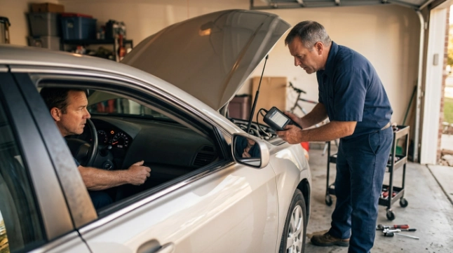 Driver experiencing long cranking while a technician checks a vehicle for common P0340 symptoms.