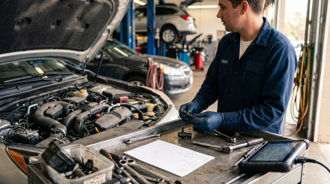 Crankshaft sensor and diagnostic tools beside an engine during a P0335 repair cost evaluation.