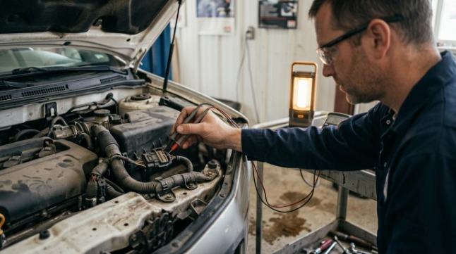 Technician back-probing a camshaft sensor connector while diagnosing a P0340 circuit fault.