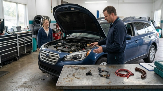 Technician explaining P0340 repair possibilities beside wiring, sensor, and timing components.