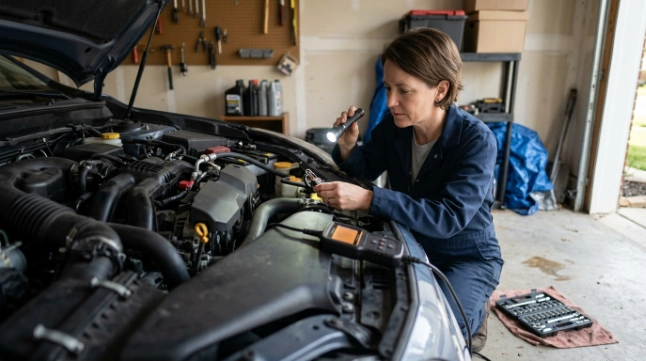 DIY owner inspecting crankshaft sensor wiring with an OBD2 scanner in a home garage.