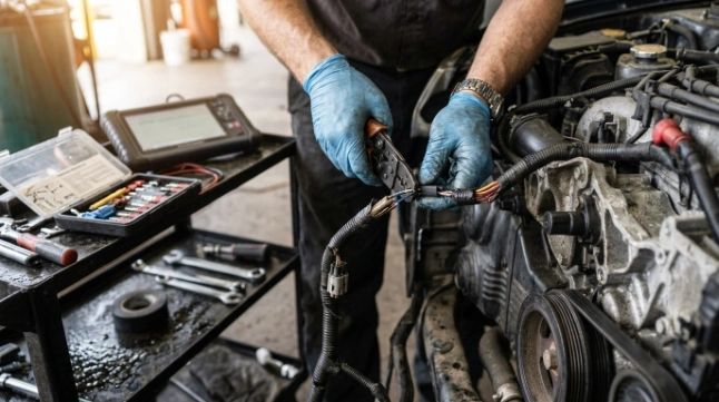 Technician repairing damaged crankshaft sensor wiring after confirming the cause of a P0335 fault
