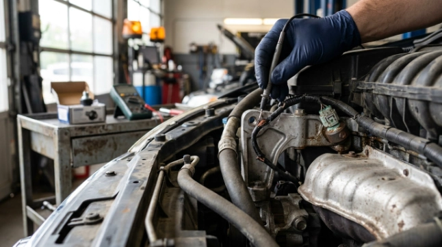 Technician checking knock sensor wiring, connector corrosion, and sensor mounting for P0325 causes.