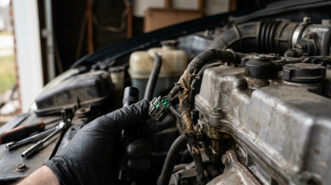 Mechanic inspecting damaged knock sensor wiring and connector as possible causes of P0325