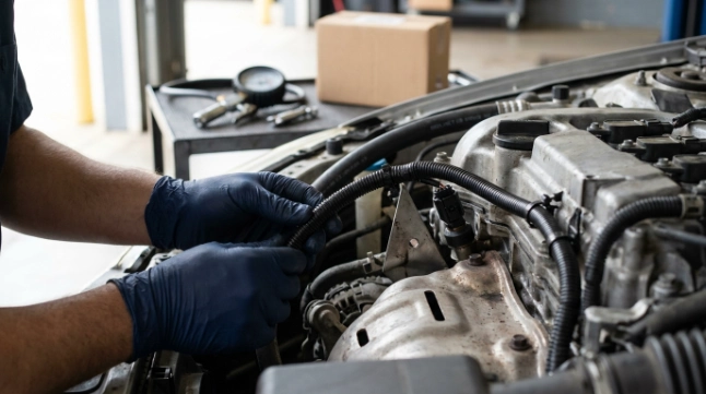 Technician securing knock sensor wiring away from heat to help prevent a recurring P0325 fault.