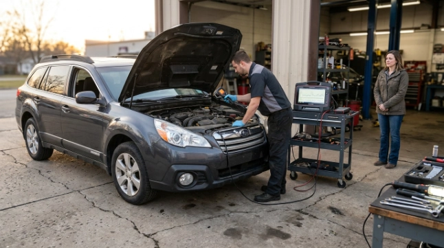 Technician inspecting a vehicle with serious P0325 symptoms requiring professional diagnosis