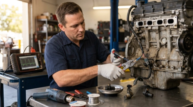 Technician repairing a P0335 crankshaft sensor wiring fault with CKP sensor and scan tool nearby.