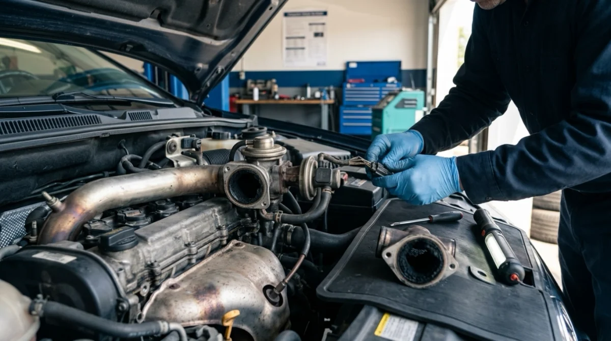 P0401 causes shown through carbon-clogged EGR passages, valve, sensor, vacuum hose, and wiring.