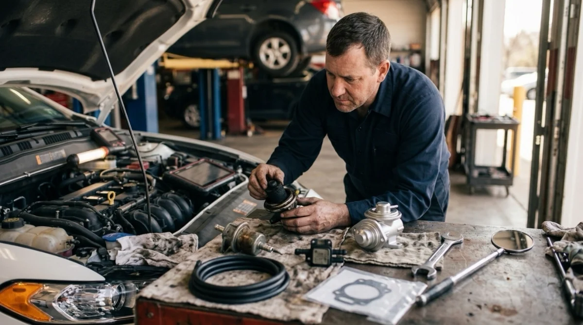 Technician comparing EGR parts that can affect P0401 repair cost in an automotive garage.