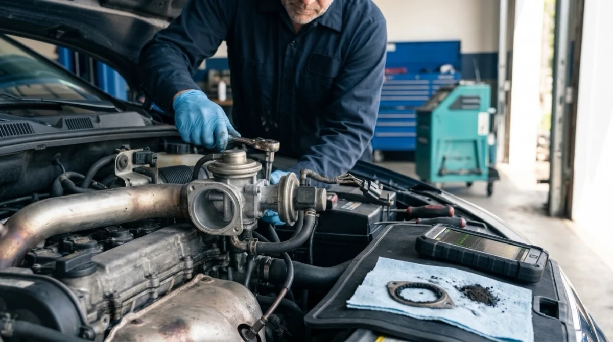 Mechanic repairing confirmed P0401 causes around an EGR system before clearing codes and retesting.