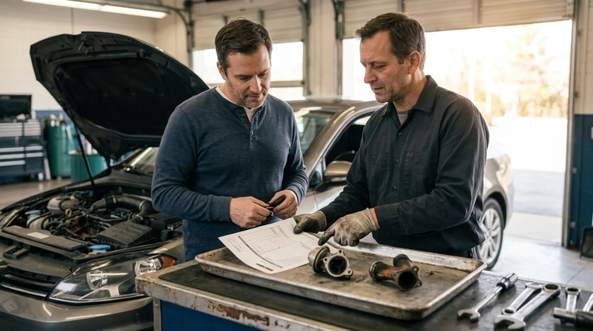 Technician discussing repair options and cost after diagnosing how to fix P0401.