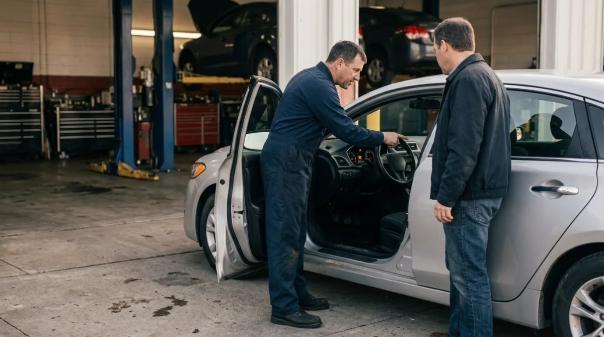 Driver and technician assessing a steady check-engine light before driving with a P0401 code.