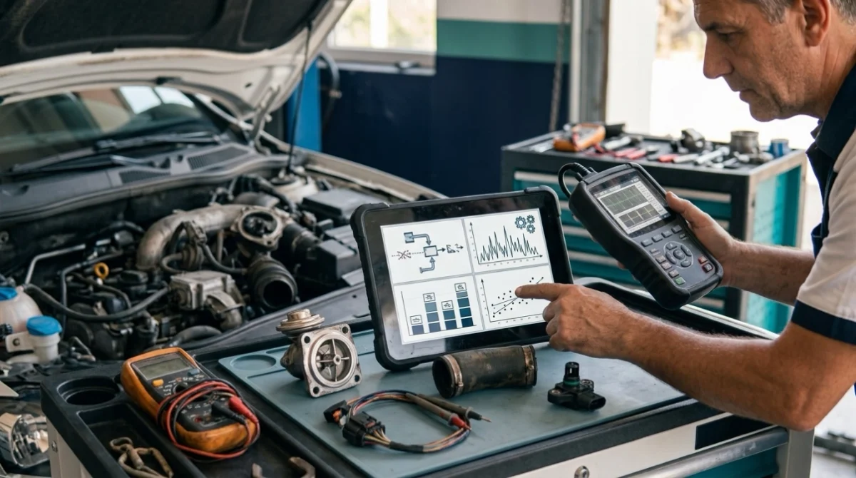 Technician comparing P0402 with related EGR faults using scanner, EGR valve, sensors and multimeter