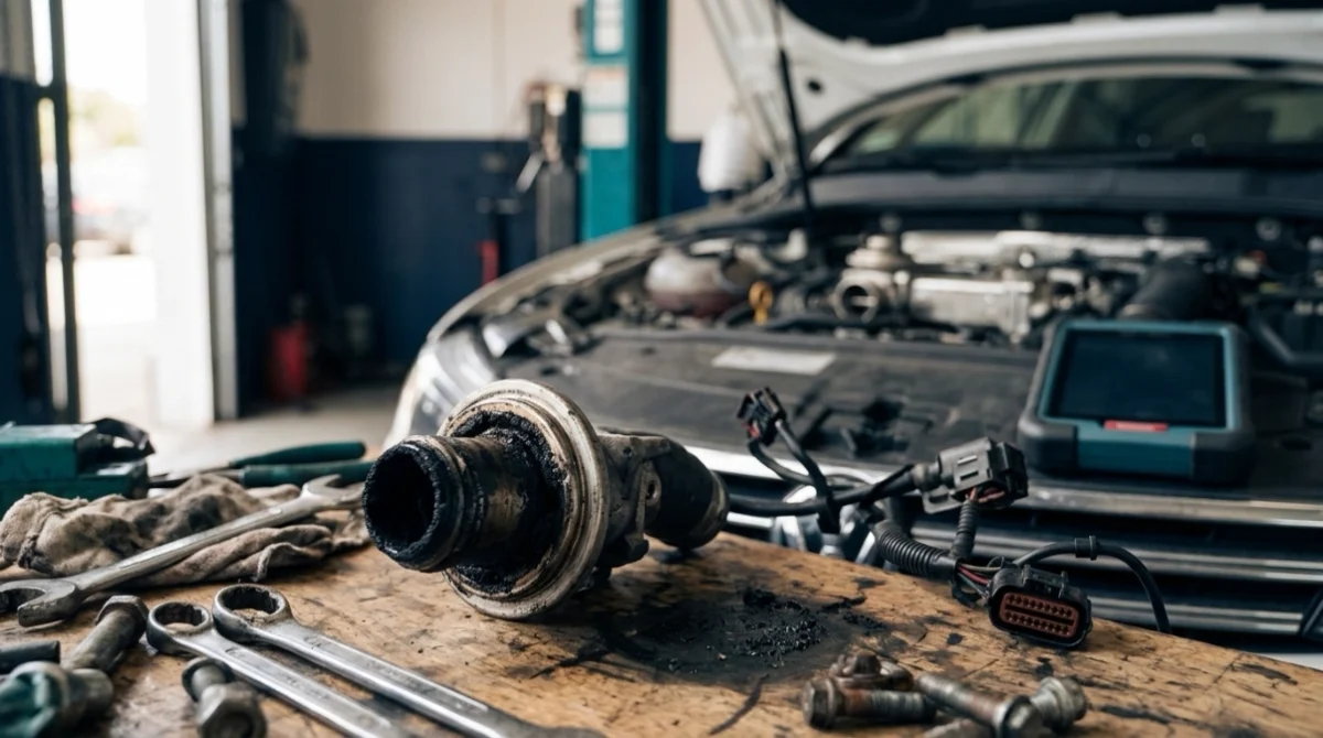 Carbon-coated EGR valve illustrating common P0402 causes in an automotive repair shop.