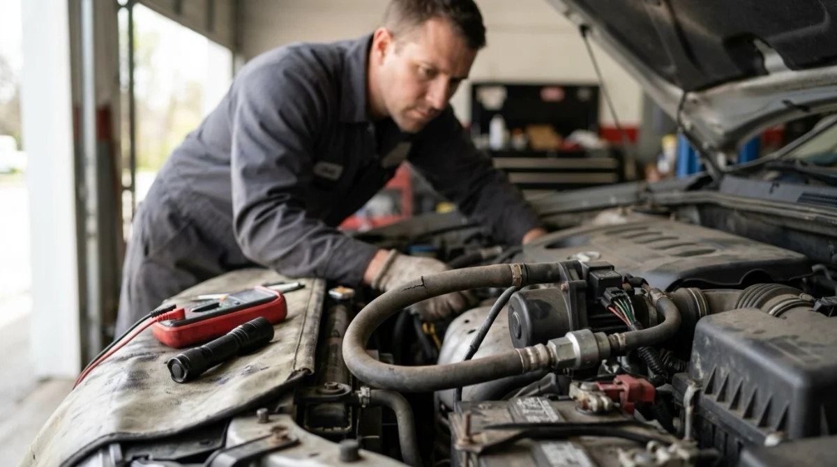 Technician inspecting common P0411 causes including secondary air pump, hoses, valve, and wiring.