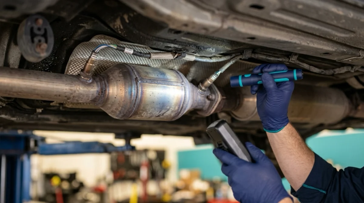 Catalytic converter with upstream and downstream O2 sensors explaining what P0420 means