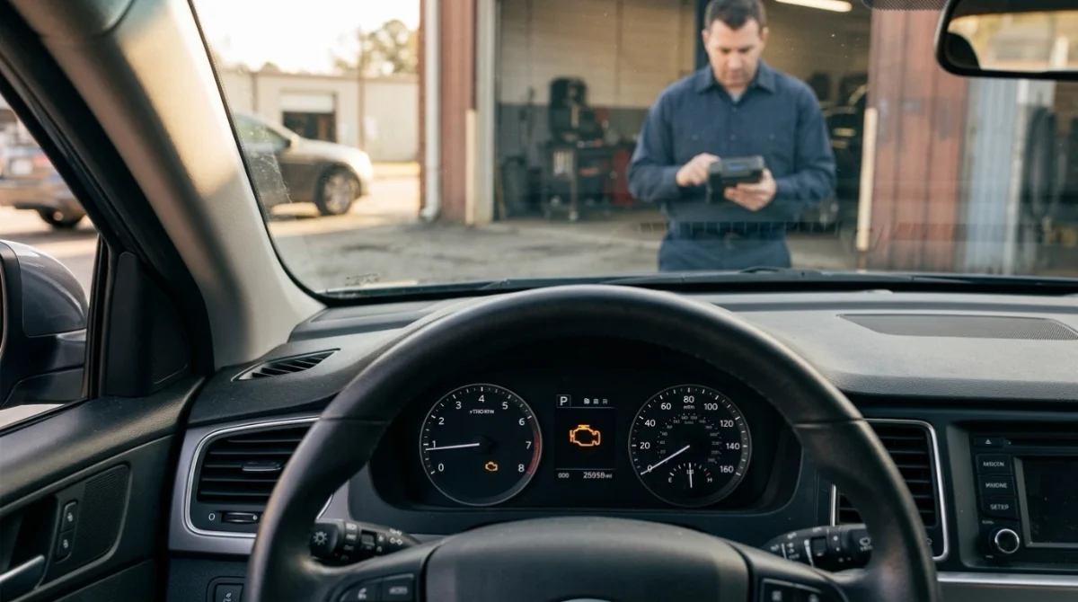 Dashboard Check Engine Light illustrating common P0420 symptoms before noticeable drivability issues.