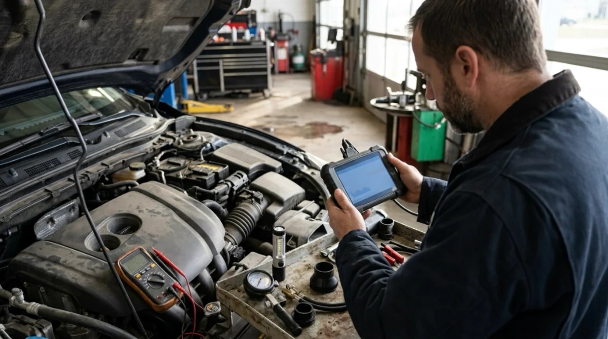 Technician diagnosing P0411 symptoms with scan data, wiring checks, pump testing, and airflow inspection