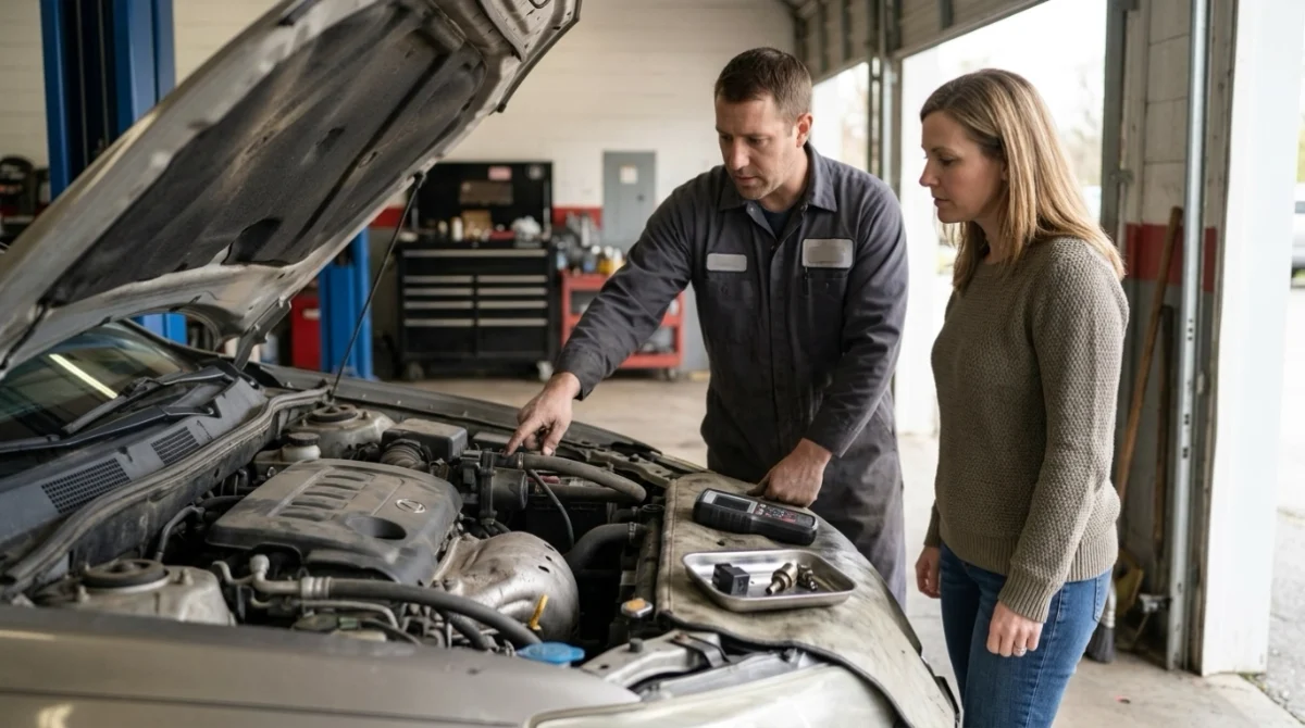 Vehicle owner and mechanic discussing P0411 repair after diagnosing the secondary air injection system.