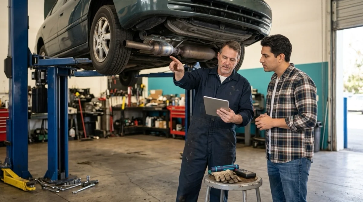 Technician explaining P0420 repair cost while inspecting a vehicle catalytic converter