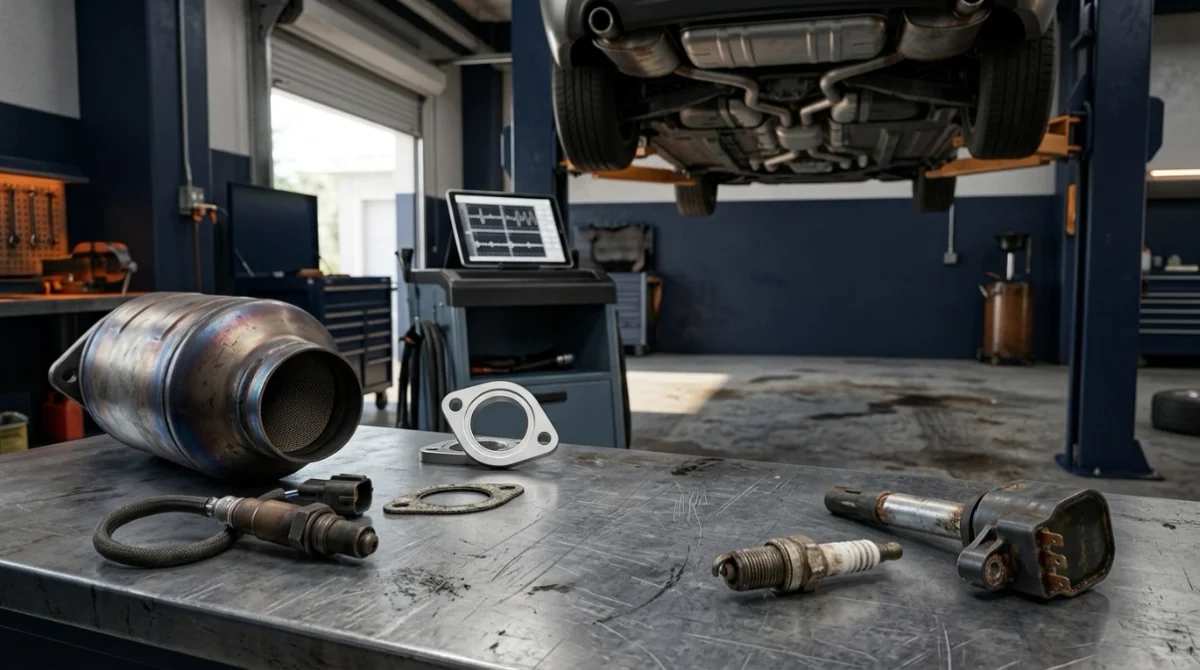P0420 repair cost scene with catalytic converter, oxygen sensor, exhaust parts, and repair shop.