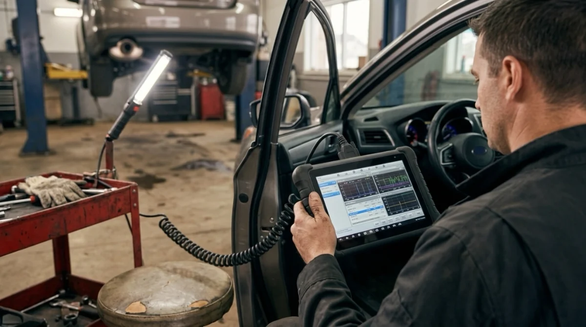 Technician reviewing scan data to diagnose P0430 symptoms before replacing the catalytic converter