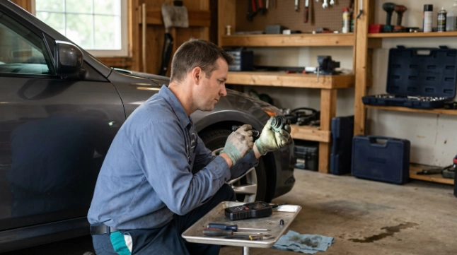 Car owner checking fuel cap and OBD-II scanner before paying P0442 repair cost
